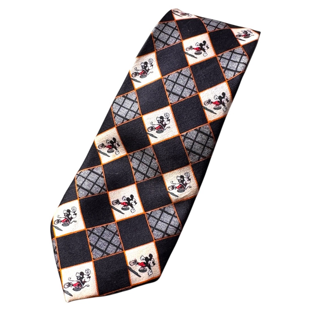 Vintage Mickey Mouse Necktie Black White Argyle‎ Disney Neck Tie
